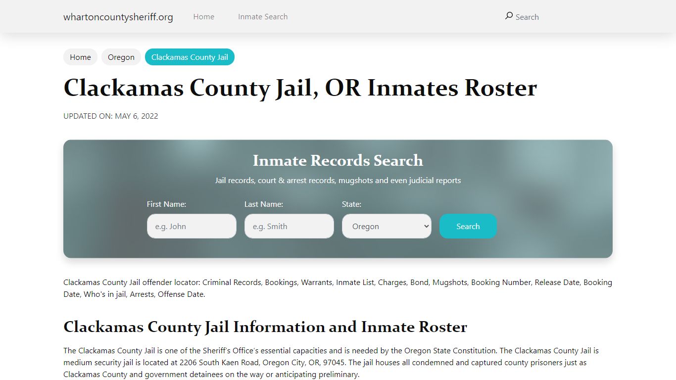 Clackamas County Jail, OR Jail Roster, Name Search